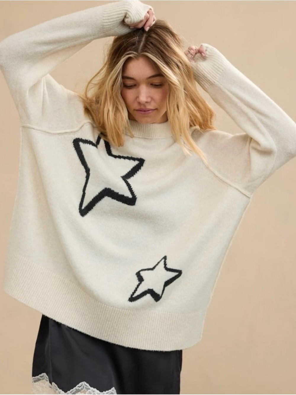 aerie Cream Star-Print Crewneck Sweater Size Small NWT